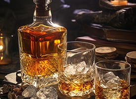 棚に並べられた複数のウイスキーボトルの写真